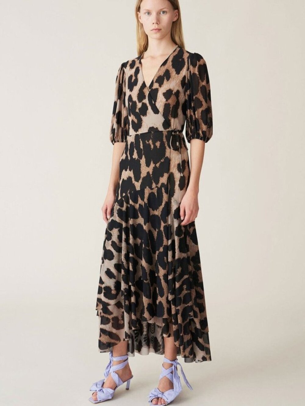 GANNI Maxi Leopard Print Stretch Mesh Wrap Dress Ruffled NWT EU 36 US 4 $345
